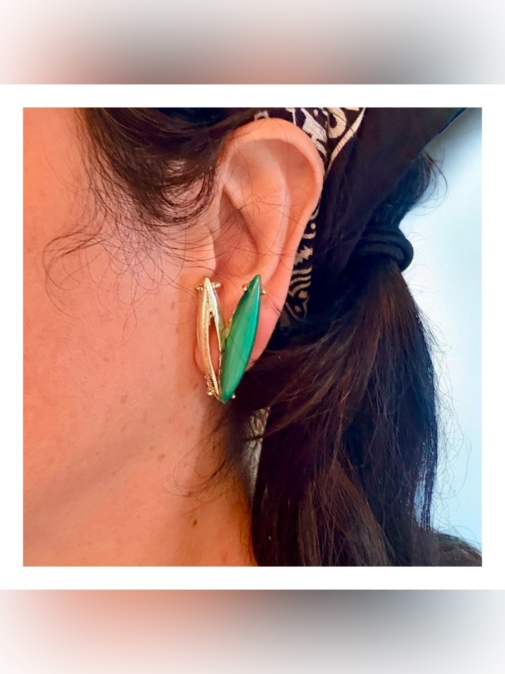 Vintage Climber Clip On Earrings in Gold & Green, Mid Century Jewelry